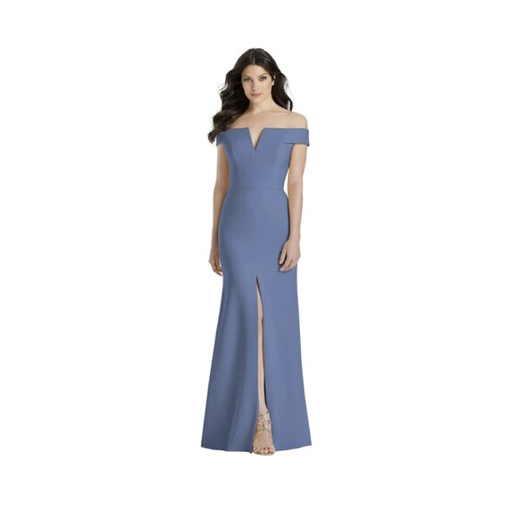 NWT Dessy Collection Off-the-Shoulder Crepe Column Gown Front Slit Dress  Sz 4 - Picture 1 of 13